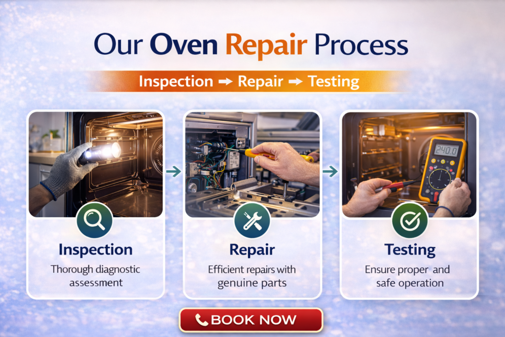 Our Oven Repair Process Inspection → Repair → Testing